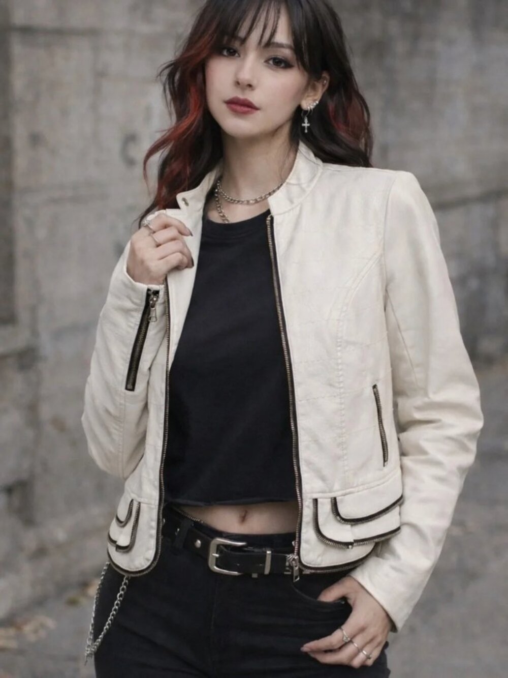Cleo Faux Leather Jacket White Peplum Moto Style Size Large Edgy Chic